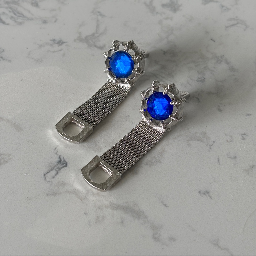 Vintage Swank Chain Mesh Blue Crystal Cufflinks-Silver Tone